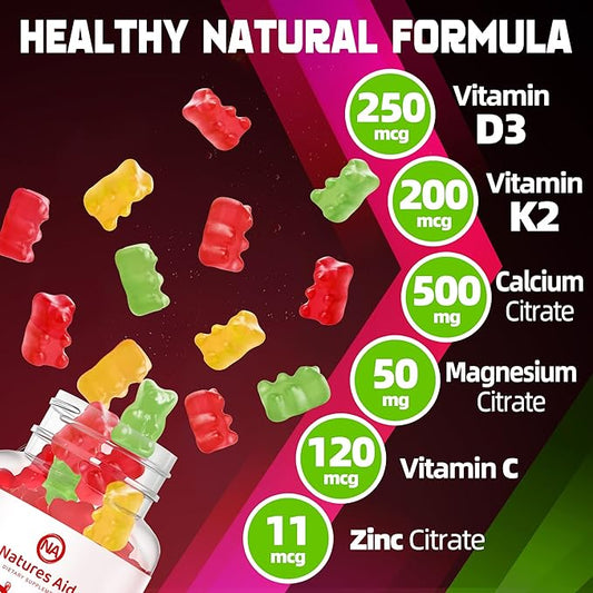 Natures Aid Sugar-Free Vitamin D3 K2 Gummies with Calcium + K2 (MK-7), Magnesium Citrate, Vitamin C, Extra Strength - Ultimate Absorption for Bone Muscle Teeth Immune, Vegan - 60 Gummies