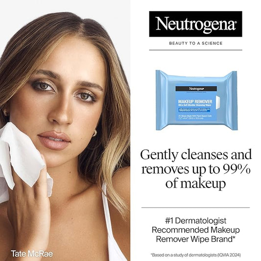 Neutrogena Makeup Remover Wipes Micellar Alcohol-Free Face Towelettes Remove Waterproof Mascara & Oil, Compostable 100% Plant-Based Cloth, Dermatologist & Ophthalmologist Tested, Twin Pack 2 x 25 ct