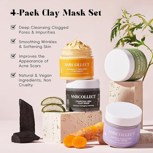 Face Mask Set, 4Pcs Clay Mask, Face Masks Skin Care with Vitamin C, Charcoal, Mugwort and Purple Clay, Skincare Christmas Gift for Blackheads & Oil Control, Stocking Stuffers for Teen Girls