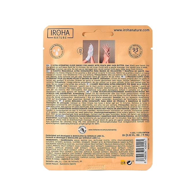 IROHA NATURE Repairing Hand Mask Gloves | 15 Pairs | Peach & Shea Butter | Hydration & Repair for Damaged & Cracked Hands | Vegan & 93% Natural Ingredients