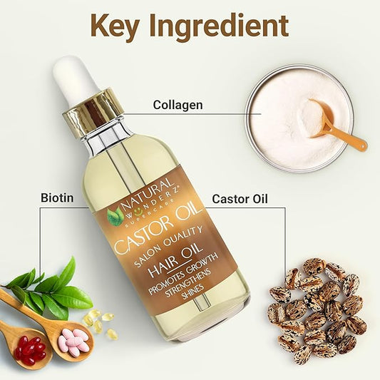 Natural Wunderz Castor Hair Oil, Supports Hair Growth, Thickening Serum and Moisturizing Scalp Treatment for Dry and Damaged Hair, Sulfate Free and Vegan Friendly, 4 Fl Oz