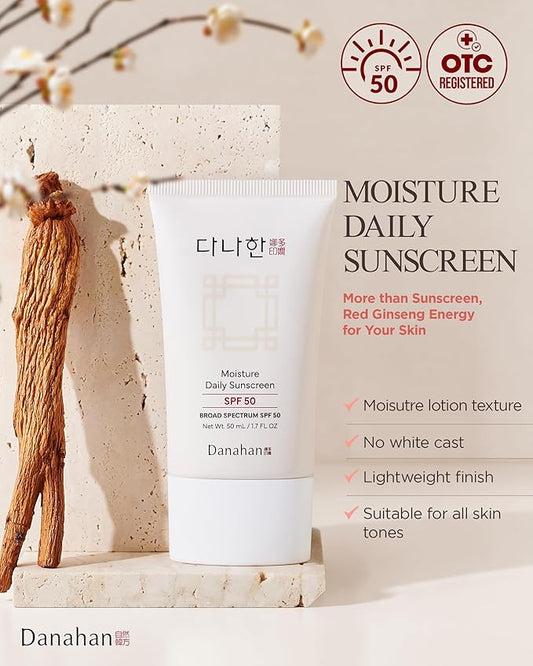 Moisture Daily Sunscreen SPF 50 - Korean Face Sunscreen, Broad Spectrum UV Protection with Ginseng & Niacinamide - Hydrating Lightweight Formula, No White Cast, K-Beauty, 1.7 oz.