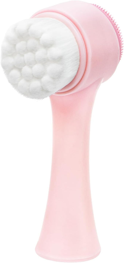 Facial Cleansing Brush 2 in 1, Face Exfoliating Scrubber Brush, Silicone Double Side Manual Face Wash Scrub Brush with Soft Bristles for Deep Pore Cleansing, Massaging, Skin Care, Pink