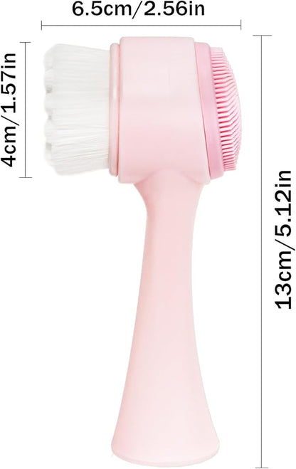 Facial Cleansing Brush 2 in 1, Face Exfoliating Scrubber Brush, Silicone Double Side Manual Face Wash Scrub Brush with Soft Bristles for Deep Pore Cleansing, Massaging, Skin Care, Pink