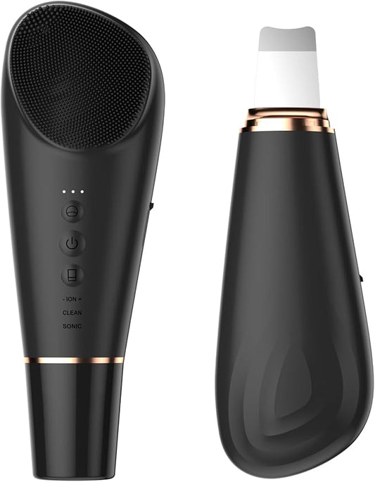 Silicone Face Scrubber Blackhead Scraper Rechargeable 2-in-1 Facial Cleansing Brush & Skin Spatula Duo, IPX7 Waterproof Exfoliating Massager Deep Cleansing for Women and Men（Black）