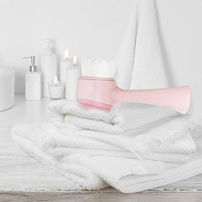 Facial Cleansing Brush 2 in 1, Face Exfoliating Scrubber Brush, Silicone Double Side Manual Face Wash Scrub Brush with Soft Bristles for Deep Pore Cleansing, Massaging, Skin Care, Pink