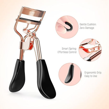Kaasage Eyelash Curler for Lift and Curl, Professional Stainless Steel Makeup Eyelash Tool with Ergonomic Handle & 6 Replacement Pads for Long-Lasting Results