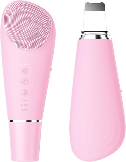 Silicone Face Scrubber Blackhead Scraper Rechargeable 2-in-1 Facial Cleansing Brush & Skin Spatula Duo, IPX7 Waterproof Exfoliating Massager Deep Cleansing for Women and Men（Light Pink）