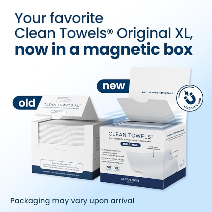 Clean Skin Club Clean Towels XL®, 100% USDA Biobased Face Towel, Disposable Face Towelette, Eczema Association Accepted, Makeup Remover Dry Wipes, Ultra Soft, 1 Pack, 50 Ct