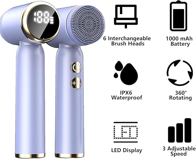 6-in-1 Facial Cleansing Brush, Electric Face Scrubber with 6 Brush Heads, 3-Speed Waterproof Spin Brush, Rechargeable Face Cleaner for Dry, Oily, and Sensitive Skin (Purple)