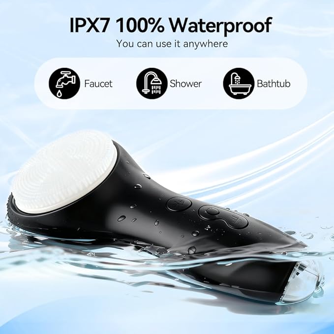 Facial Cleansing Brush, Face Scrubber, Electric Face Brush with 7 Colors, Rechargeable Waterproof Exfoliator with Heat and Vibration, Deep Cleansing and Massage for Men and Women(Black)