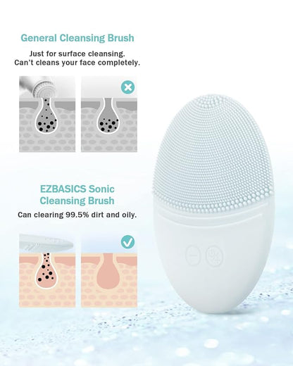 EZBASICS Facial Cleansing Brush Made with Ultra Hygienic Soft Silicone, Waterproof Sonic Vibrating Face Brush for Deep Cleansing, Gentle Massaging, Inductive Charging (Grey)1 Pack+5 Speed Settings