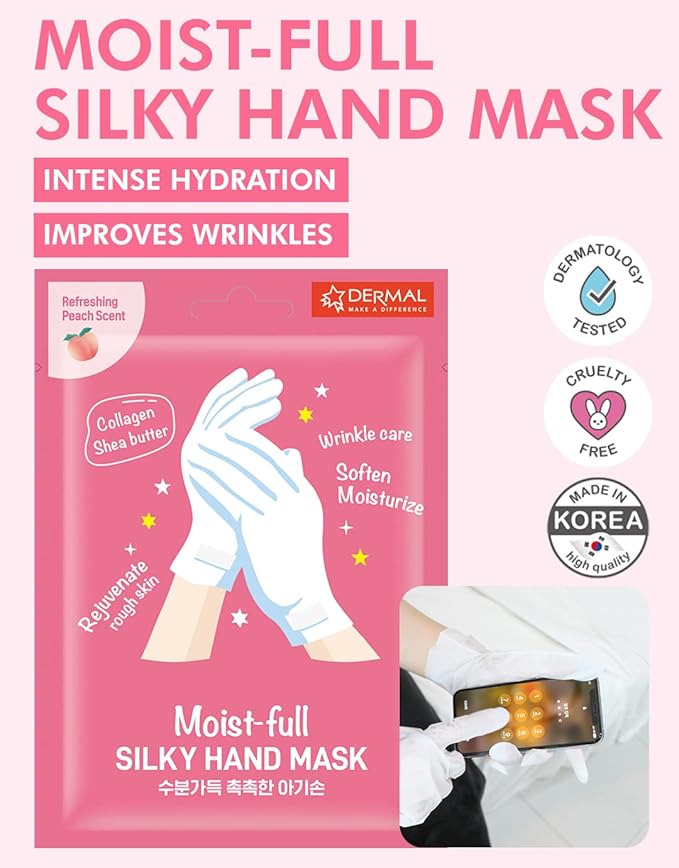 DERMAL Moistfull Silky Hand Mask Gloves 3 Pairs for Dry Hands - Intensive Repairing with Collagen and Shea Butter - Nourishing & Moisturizing Renew Hand Mask - Refreshing Peach Scent