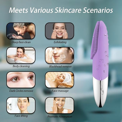 Facial Cleansing Brush, 3-in-1 Electric Silicone Face Scrubber, Vibrating Massager, IPX7 Waterproof, USB Rechargeble Pore Brush for Deep Cleanning, Blackhead Remover, Exfoliating (Purple)