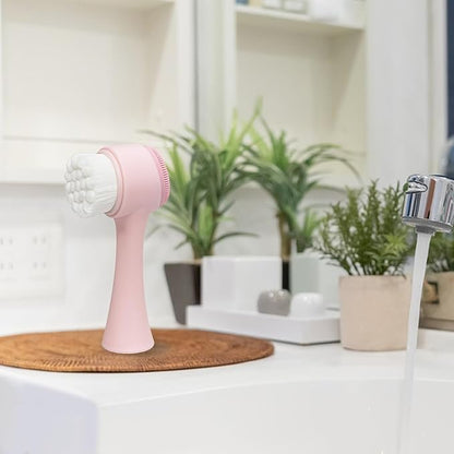 Facial Cleansing Brush 2 in 1, Face Exfoliating Scrubber Brush, Silicone Double Side Manual Face Wash Scrub Brush with Soft Bristles for Deep Pore Cleansing, Massaging, Skin Care, Pink