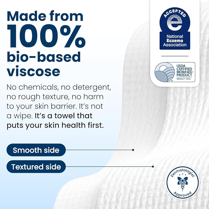 Clean Skin Club Clean Towels XL®, 100% USDA Biobased Face Towel, Disposable Face Towelette, Eczema Association Accepted, Makeup Remover Dry Wipes, Ultra Soft, 1 Pack, 50 Ct