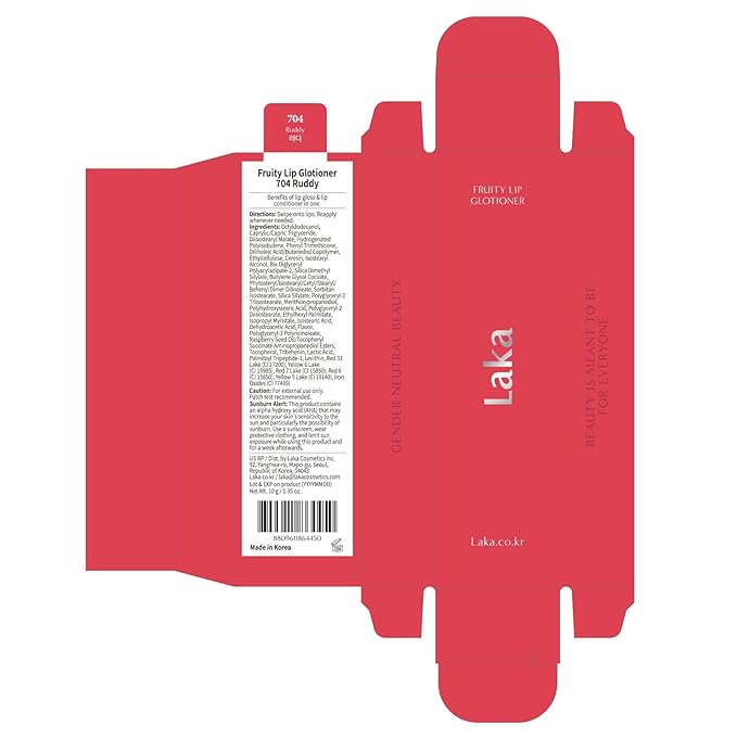Laka Fruity Lip Glotioner, 10ml/0.33 fl.oz, Lip Gloss with High Shine Vivid Colors, Jelly tip for Hygienic & Easy Application, Plumping Conditioner, Vegan, K-Beauty (#704 Ruddy)