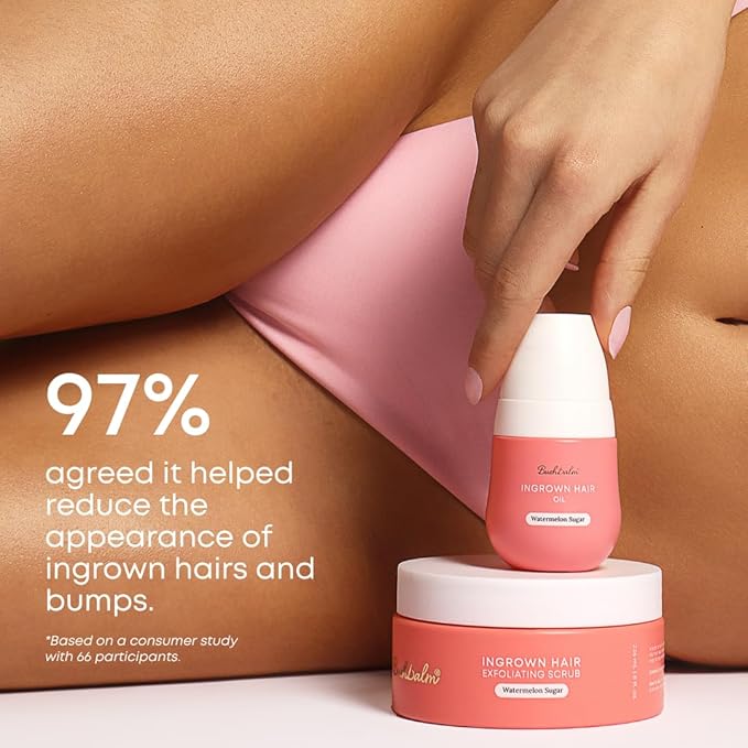 Bushbalm Ingrown Hair and Razor Bumps Routine - Moisturize and Soothe After Shave Skincare for Sensitive Areas - Includes Ingrown Hair Oil (30 ml) and Exfoliating Scrub (236 ml) - Watermelon Sugar