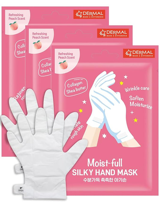 DERMAL Moistfull Silky Hand Mask Gloves 3 Pairs for Dry Hands - Intensive Repairing with Collagen and Shea Butter - Nourishing & Moisturizing Renew Hand Mask - Refreshing Peach Scent