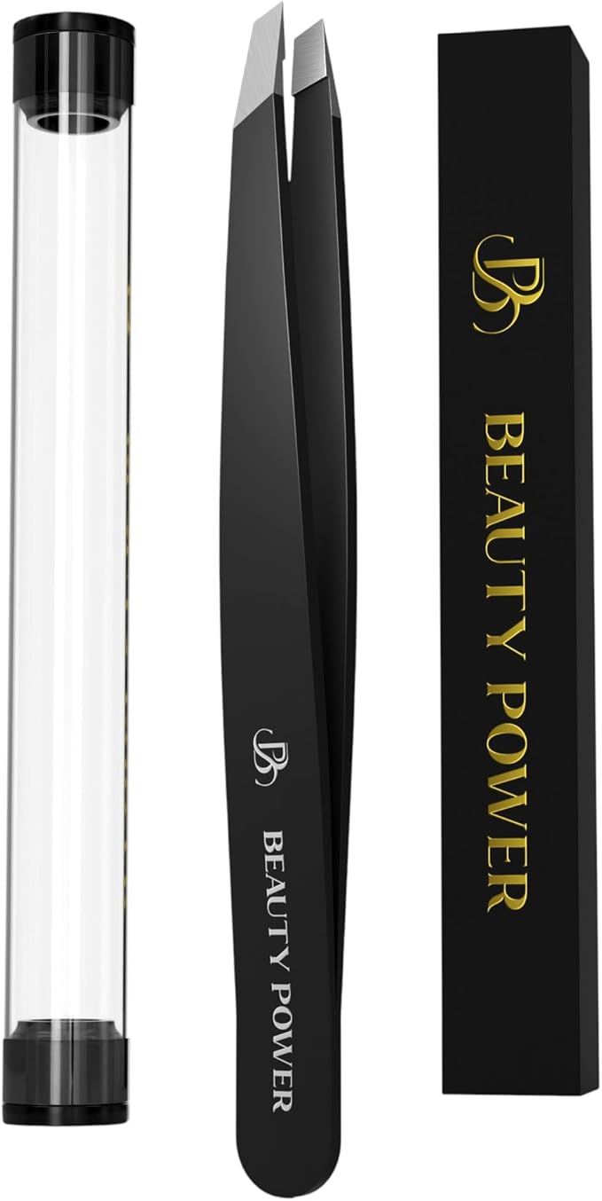 Professional Ultra-Precision Slant Tweezers for Women Facial Hair - German Stainless Steel, Tweezers for Men & Women, Black Eyebrow Tweezer for Ingrown Hair - Black