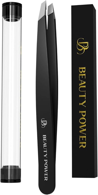 Professional Ultra-Precision Slant Tweezers for Women Facial Hair - German Stainless Steel, Tweezers for Men & Women, Black Eyebrow Tweezer for Ingrown Hair - Black