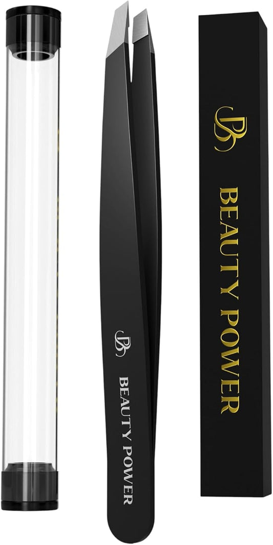 Professional Ultra-Precision Slant Tweezers for Women Facial Hair - German Stainless Steel, Tweezers for Men & Women, Black Eyebrow Tweezer for Ingrown Hair - Black