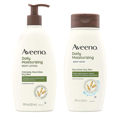Aveeno Daily Moisturizing Lotion & Wash Regimen Pack, Nourishing Daily Moisturizing Body Lotion for Dry Skin, 18 oz, & Hydrating Body Wash with Soothing Prebiotic Oat, 18 oz, 2 Items