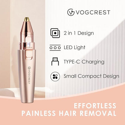 VG VOGCREST Eyebrow & Facial Trimmer: 2 in1 Rechargeable Facial Hair Removal & Eyebrow Shaver - Body Razor with Built-in LED Light (Rose Gold)