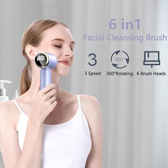 6-in-1 Facial Cleansing Brush, Electric Face Scrubber with 6 Brush Heads, 3-Speed Waterproof Spin Brush, Rechargeable Face Cleaner for Dry, Oily, and Sensitive Skin (Purple)