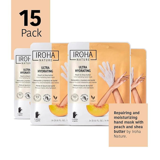 IROHA NATURE Repairing Hand Mask Gloves | 15 Pairs | Peach & Shea Butter | Hydration & Repair for Damaged & Cracked Hands | Vegan & 93% Natural Ingredients