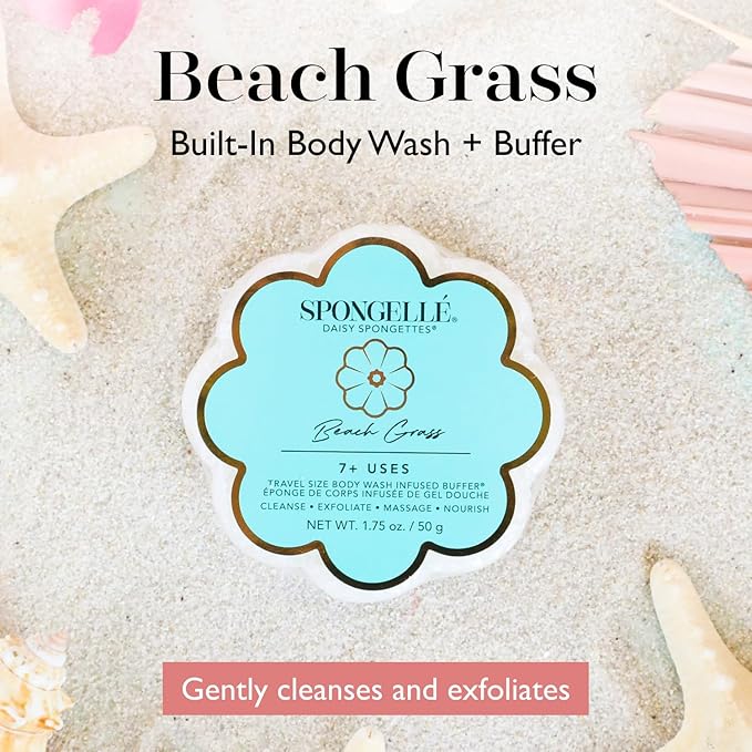 Spongelle Beach Grass Spongette Loofah Body Scrubber | Bath & Shower Loofah for Women | Body Scrubber Exfoliator with Body Wash Infused Sponge | 5+ uses | Crisp Marine, Green Tea & White Amber