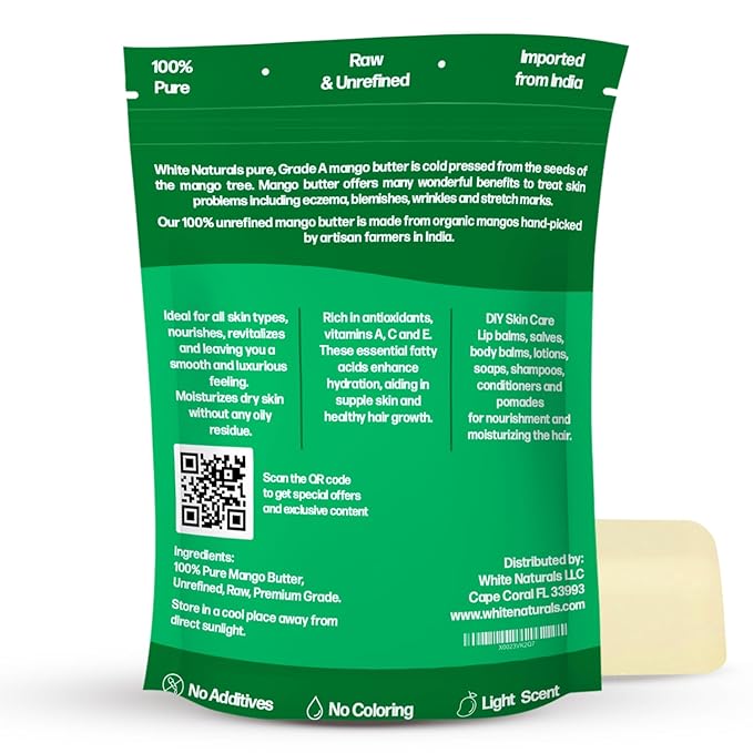 Mango Butter Raw Organic Unrefined Natural Pure Skin & Hair Moisturizer, Cold Pressed, Use with Shea in DIY Whipped Body Butter, Soap Making, Mango Seed Body Lotion, Lip Balm Hand Cream 16oz Block