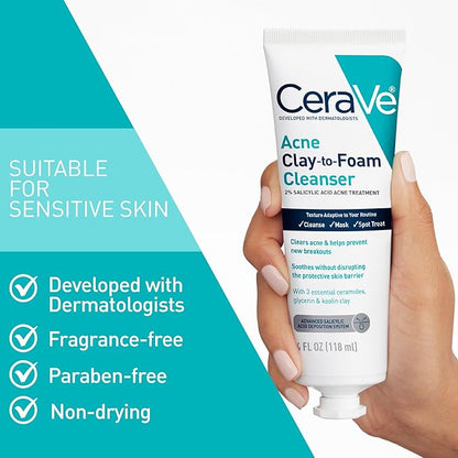 CeraVe Clay To Foam Acne Face Wash, Multi-Use Salicylic Acid & Kaolin Clay Acne Spot Treatment Clears Pimples & Blackheads, Prevents Breakouts, Hydrates & Soothes, Fragrance-Free, Non-Comedogenic, 4oz