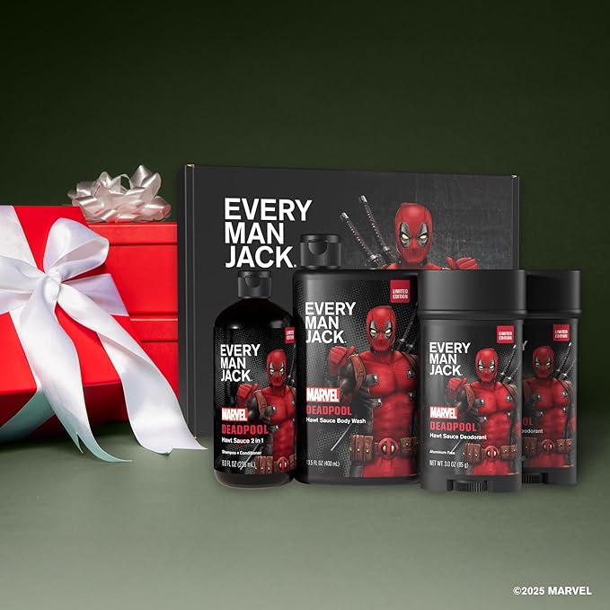 Every Man Jack Deadpool Body Set - Perfect for Every Guy & Marvel-Lover - Bath and Body Marvel Gift Set with Clean Ingredients & Incredible Scents - Includes Body Wash, Shampoo & Deodorant 2-Pack