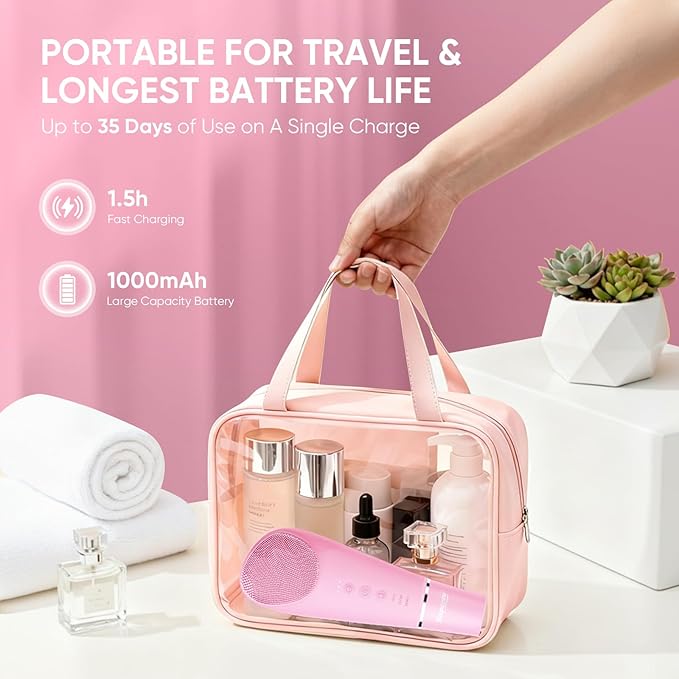 Silicone Face Scrubber Blackhead Scraper Rechargeable 2-in-1 Facial Cleansing Brush & Skin Spatula Duo, IPX7 Waterproof Exfoliating Massager Deep Cleansing for Women and Men（Light Pink）