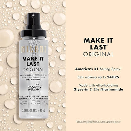 Milani Setting Spray + Primer, Make It Last Original - Natural Finish with Niacinamide for Hydration & Make It Last Dewy - Dewy Finish Moisturizing Formula for Glow on the Go - 2 Pack