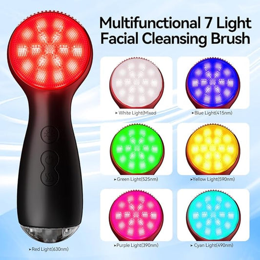 Facial Cleansing Brush, Face Scrubber, Electric Face Brush with 7 Colors, Rechargeable Waterproof Exfoliator with Heat and Vibration, Deep Cleansing and Massage for Men and Women(Black)