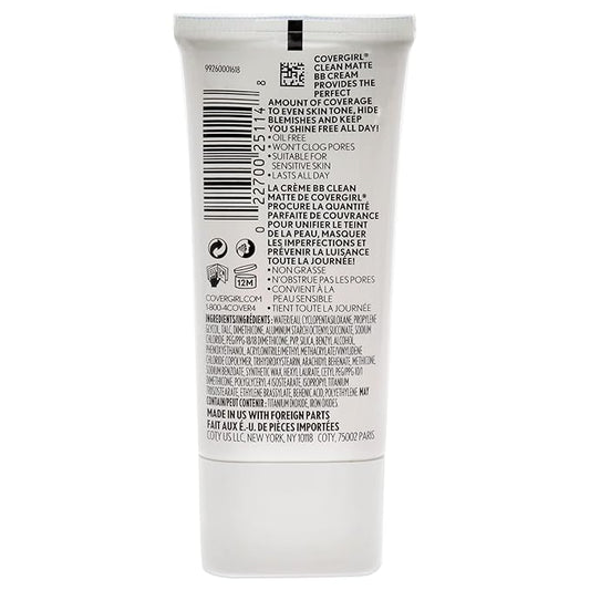 COVERGIRL - Clean Matte BB Cream, Oil-Free, Long-Lasting, Sensitive Skin, Lightweight, 100% Cruelty-Free