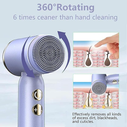 6-in-1 Facial Cleansing Brush, Electric Face Scrubber with 6 Brush Heads, 3-Speed Waterproof Spin Brush, Rechargeable Face Cleaner for Dry, Oily, and Sensitive Skin (Purple)