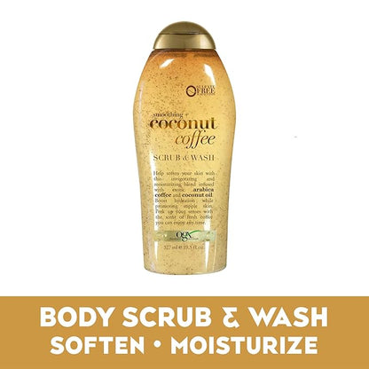 OGX Smoothing + Coconut Coffee Exfoliating Body Scrub with Arabica Coffee & Coconut Oil, Moisturizing Body Wash for Dry Skin, Paraben-Free with Sulfate-Free Surfactants, 19.5 Fl Oz