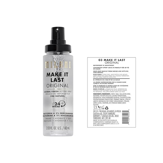 Milani Setting Spray + Primer, Make It Last Original - Natural Finish with Niacinamide for Hydration & Make It Last Dewy - Dewy Finish Moisturizing Formula for Glow on the Go - 2 Pack