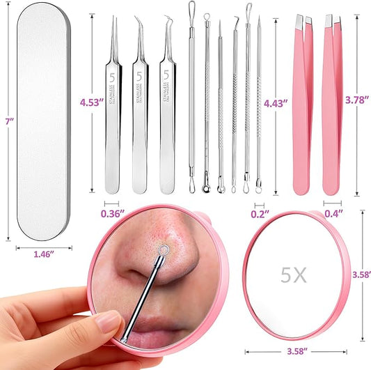 Blackhead Remover Tools Kit 12PCS: 9×Comedone Extractors, 2×Eyebrow Tweezers, 1×5X Mirror, Curved Blackhead Tweezers Kit for Removal of Blackheads, Pimples, Zit Removing, Facial & Nose Tool (Pink)