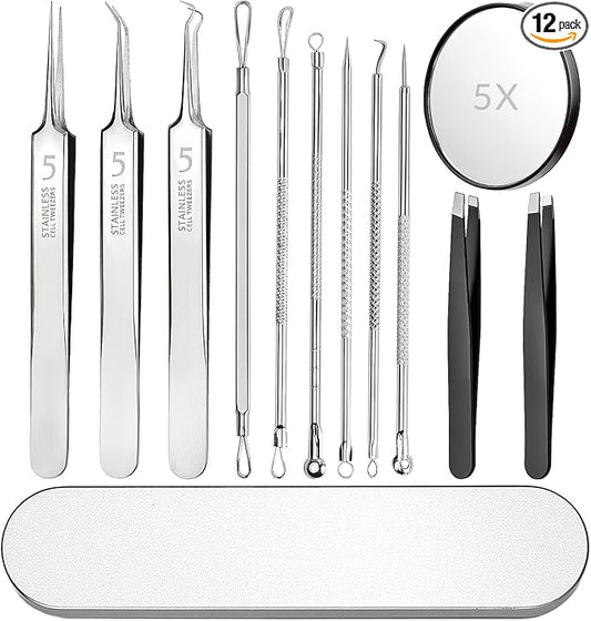 Pimple Popper Tool Kit 12PCS: 9 × Blackhead Removers, 2 ×Eyebrow Tweezers, 1 × 5X Mirror, Stainless Pimple Extractor, Blackhead, Acne, Blemish, Facial Hair Removal Tools Kit (Black)