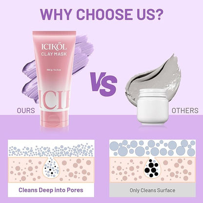 Deep Cleansing Purple Clay Mask for Face with Lavender, Glow Mud Mask to Balance Oil and Moisture, Minimize Blackheads, Soothing Care Pore Cleansing Mask with Brush