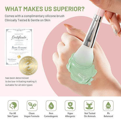 Deep Cleansing Green Clay Mask for Face with Marine Mineralt, Repair Mud Mask to Balance Oil and Moisture, Minimize Blackheads, Soothing Care Pore Cleansing Mask with Brush