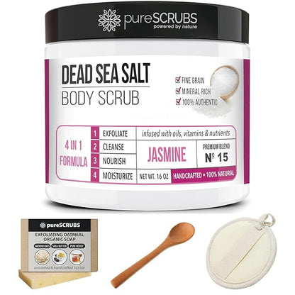 pureSCRUBS Premium Jasmine Body Scrub Set - Large 16oz Dead Sea Salt Body Scrub With Infused Essential Oils & Nutrients Includes Wooden Spoon, Loofah & Oatmeal Exfoliating Bar Soap