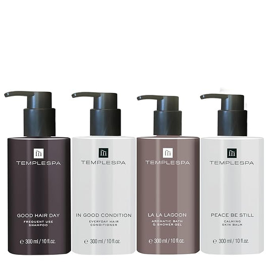 TEMPLESPA | TOP TO TOE SPA XL | Luxury Shower Gel, Shampoo, Conditioner and Calming Skin Balm Moisturiser, Natural Ingredients, Vegan 4 x 10 fl.oz.
