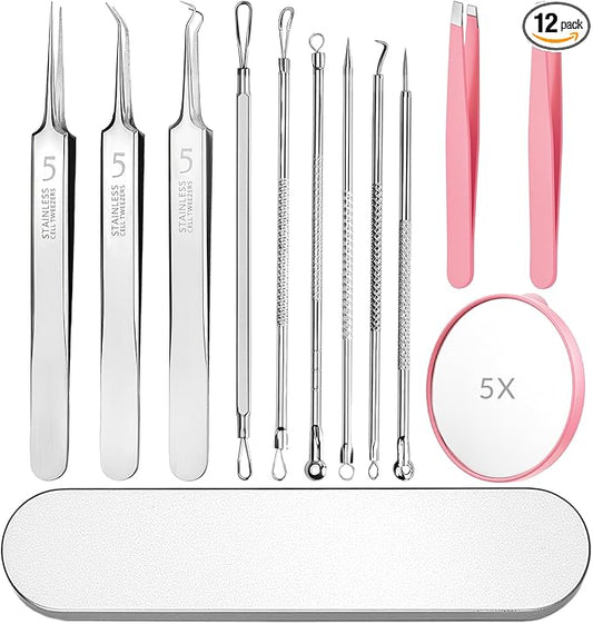 Blackhead Remover Tools Kit 12PCS: 9×Comedone Extractors, 2×Eyebrow Tweezers, 1×5X Mirror, Curved Blackhead Tweezers Kit for Removal of Blackheads, Pimples, Zit Removing, Facial & Nose Tool (Pink)