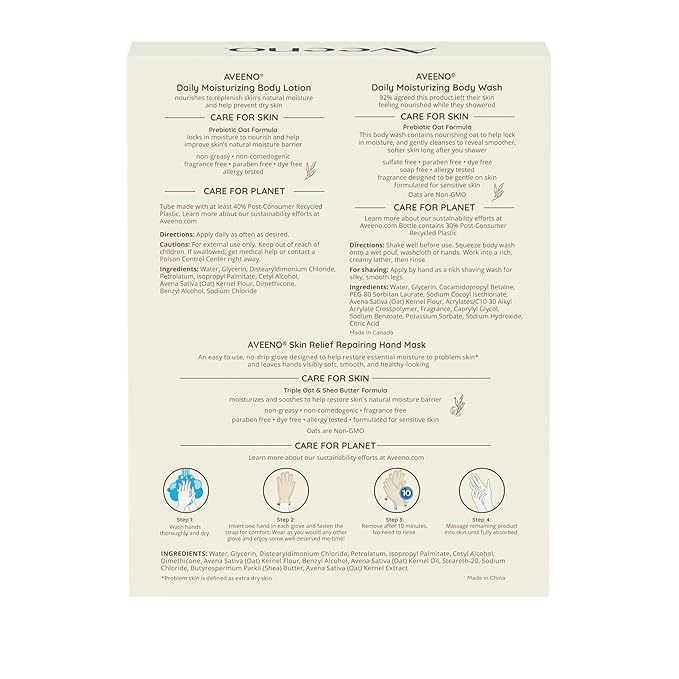 Aveeno Daily Moisture Gift Set, Skincare Set for Dry Skin with Nourishing Body Lotion, Moisturizing Body Wash, & Skin Relief Hand Mask, Formulated with Prebiotic Oat, Paraben-Free, 3 Items