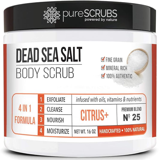 pureSCRUBS Premium Citrus Body Scrub Set - Large 16oz Dead Sea Salt Body Scrub With Infused Essential Oils & Nutrients, Includes Wooden Spoon, Loofah & Oatmeal Exfoliating Bar Soap